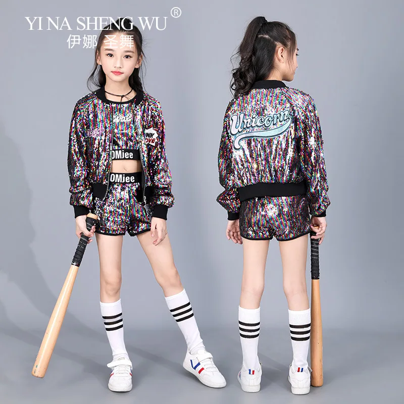 新しいジャズダンス衣装女の子カラフルなスパンコールシャイニングストリートダンスジャケットスーツ子供の日のファッションステージパフォーマンス衣装
