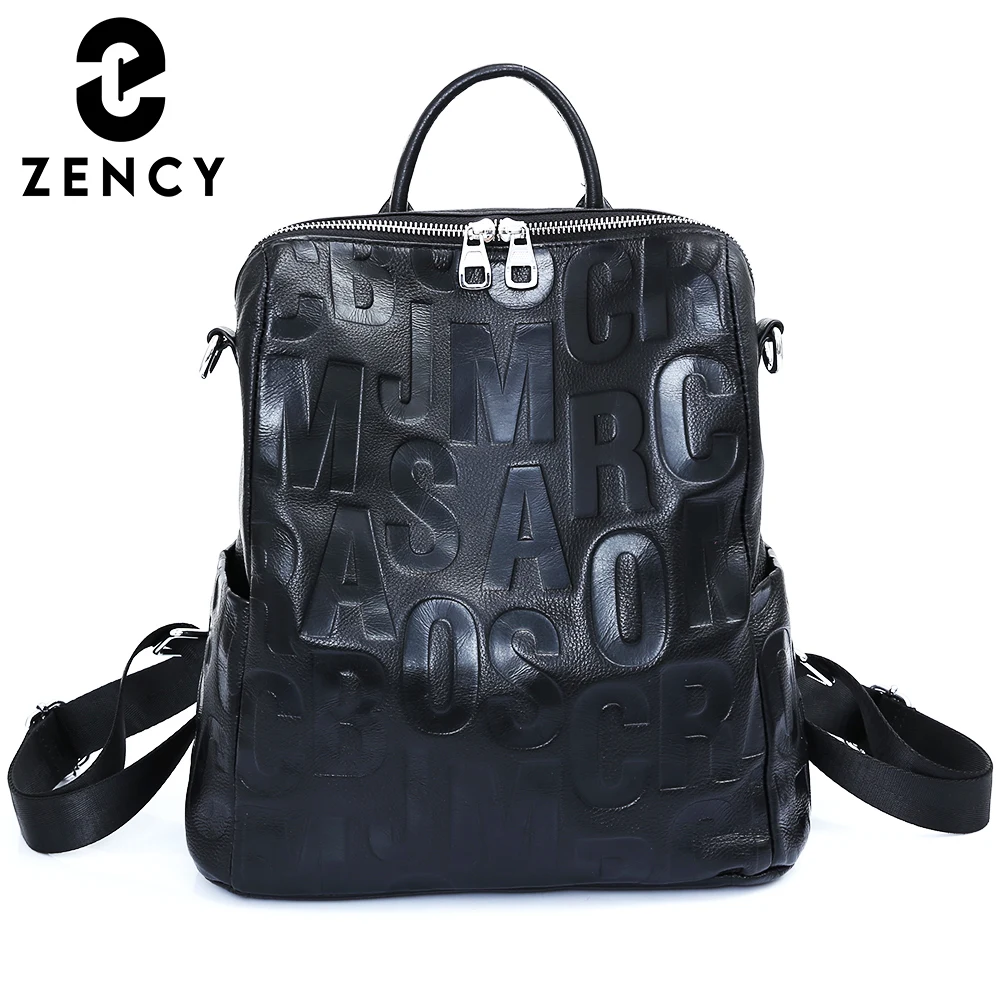 Zency Women's Genuine Leather Backpack Spring Summer Unique Letter Fashion Shoulder School Travel Knapsack Rucksack Girls