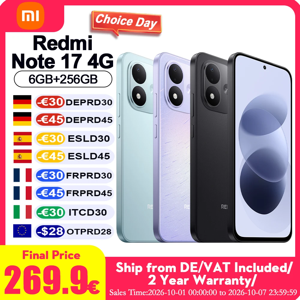Redmi Note 17 4G 6GB+256GB Smartphone con Display Amoled da 7.0" Fotocamera Posteriore Grandangolare da 50MP Batteria da 7700mAh Telefono Cellulare