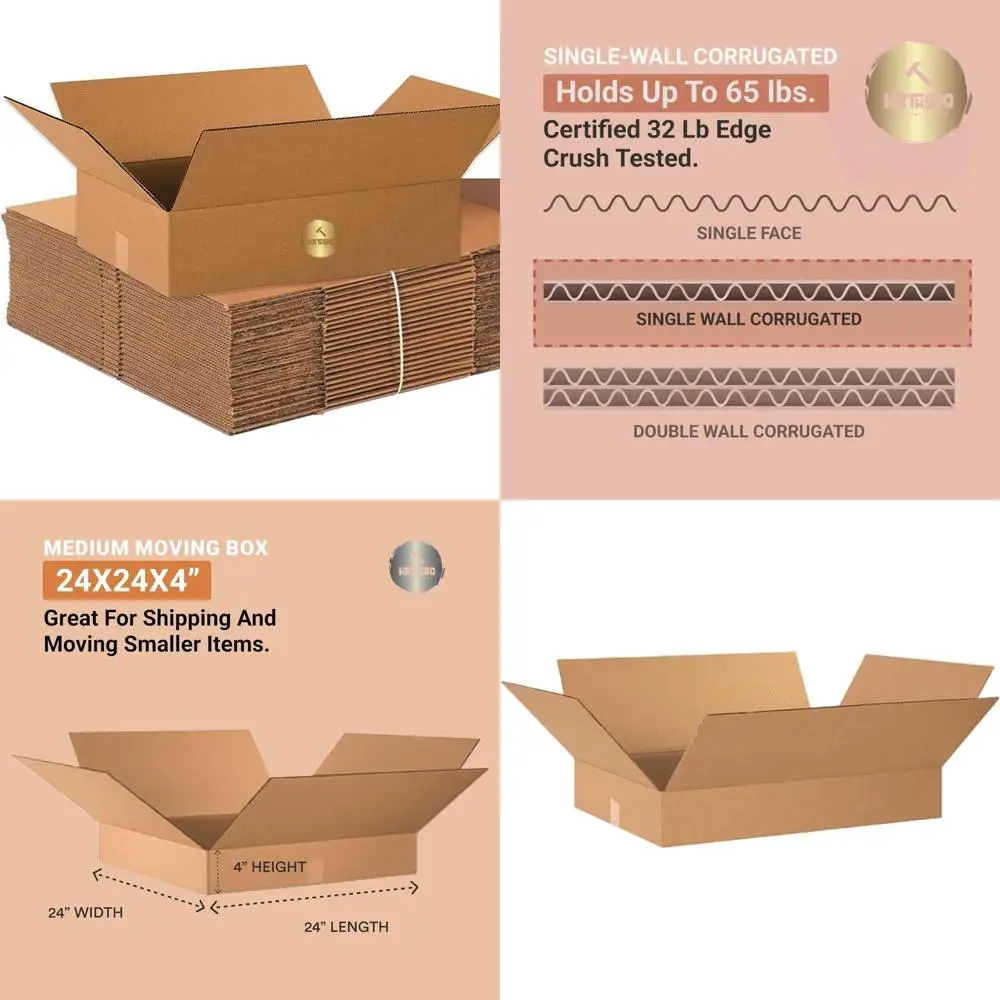 

Картонные коробки из гофрированного картона с одинарными стенками 24 x 24 x 4 дюйма - упаковка 10 штук для переезда, упаковки и хранения