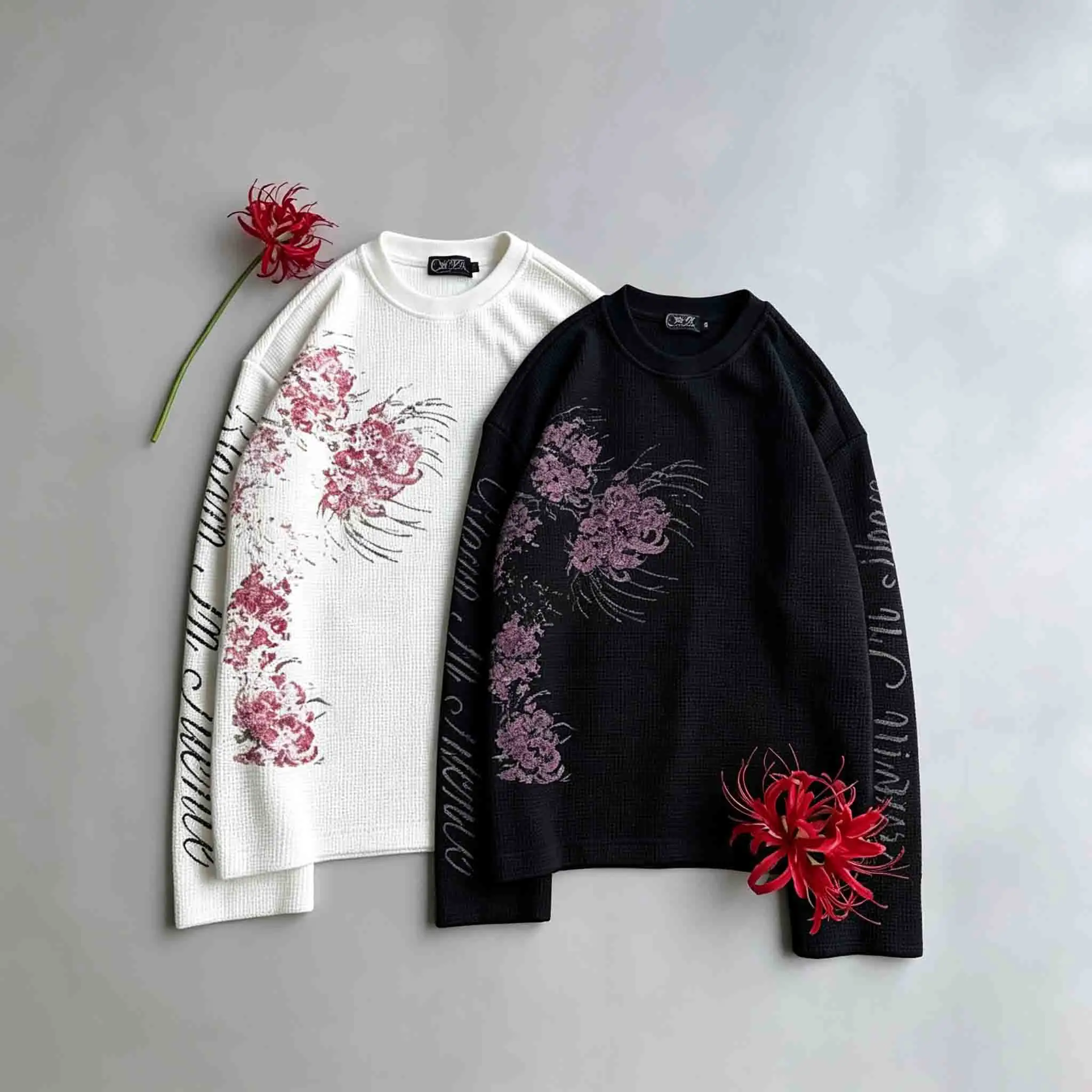 Herren/Damen Langarm-Shirt mit Spinnenlilien-Print und Waffelstruktur, Gothic Blumenmuster Oversized Freizeit-T-Shirt 2026 – Detail 4