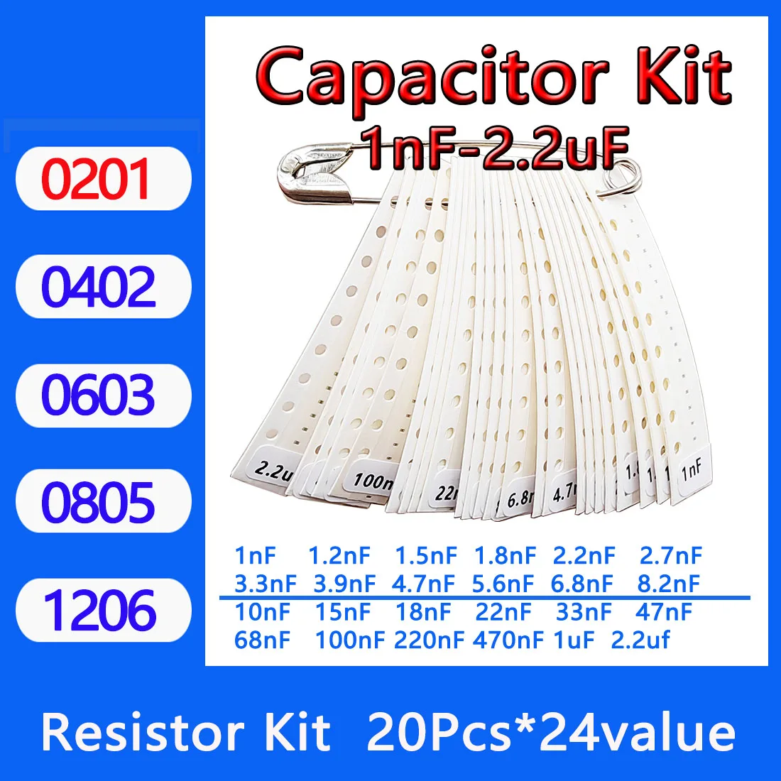 Capacitor kit 0201 0402 0603 0805 1206 smd Capacity package each value*20PCS Sample Kit Capacitor 1nf 10nf 100nf 1uf 10uf 22uf