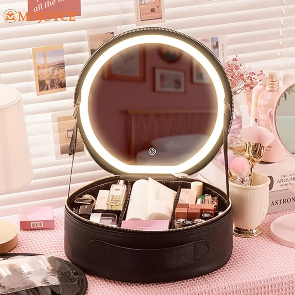 Round Fashion Makeup Bags Waterproof Storage Bag with Mirror LED Light PU Leather Travel Cosmetic Case Ladies Portable Wash Bags