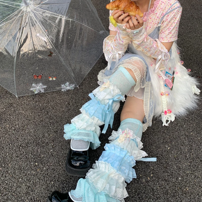Japanese Cute Two-tone Lace Splicing Cake Hosiery Autumn New Design Sweet Versatile Age-reducing Slimming Leg Warmers Ladies