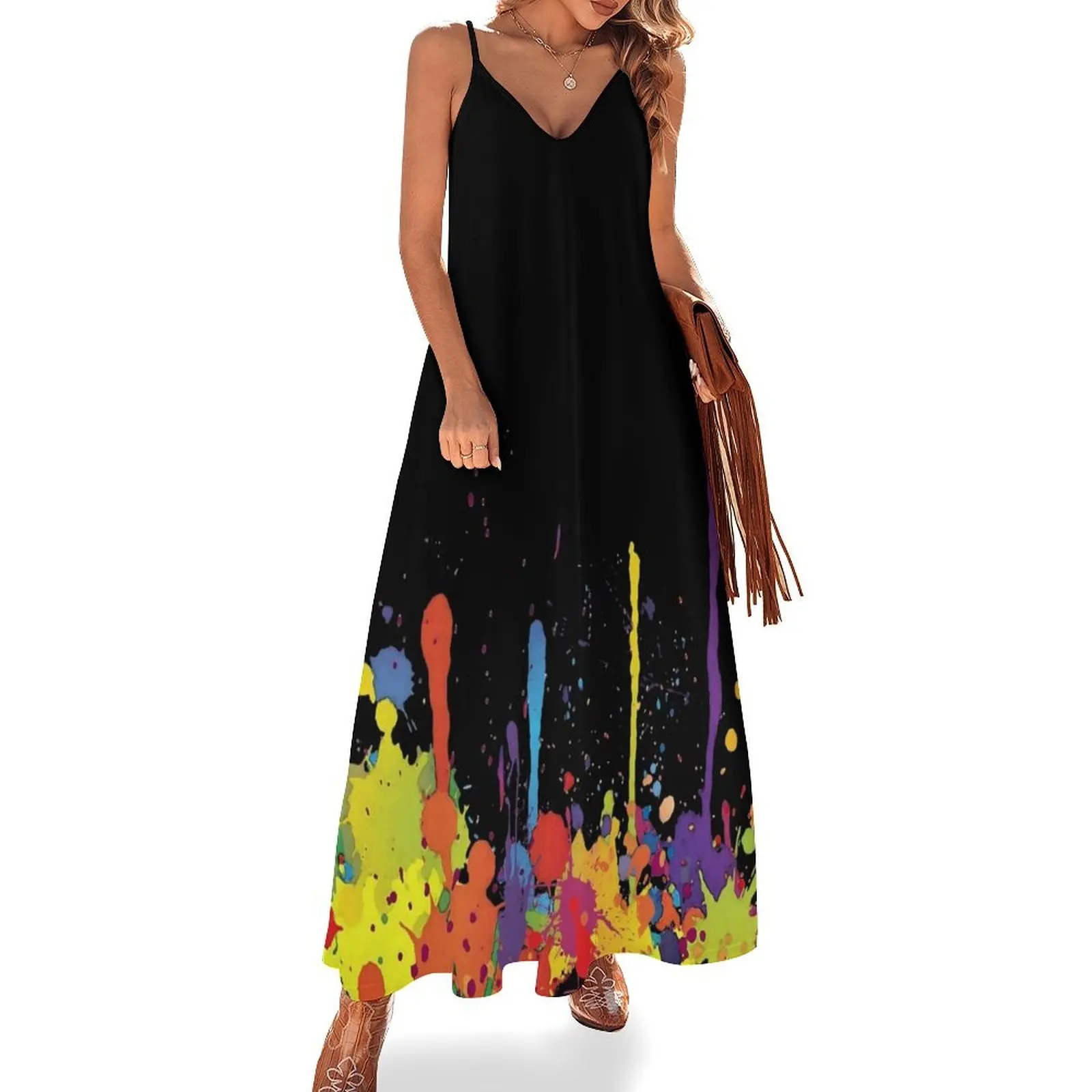 Crazy multicolored running SPLASHES horizontal Sleeveless Long Dress women's dresses luxury Dress