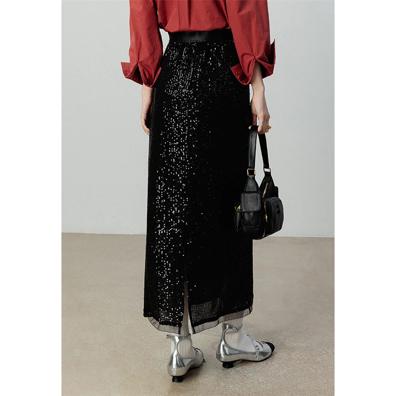 Eggka Black Highwaisted Sequins A-Line Skirts Female 2024 Autumn Fashion Loose Commuter Long Skirt Women Party Elegant Clothing