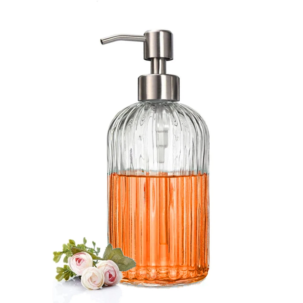 1pcs 400ml Clear Glass Soap Dispenser with Rustproof Stainless Steel Pump Liquid Hand Dish Soap Bottle for Bathroom Kitchen Deco