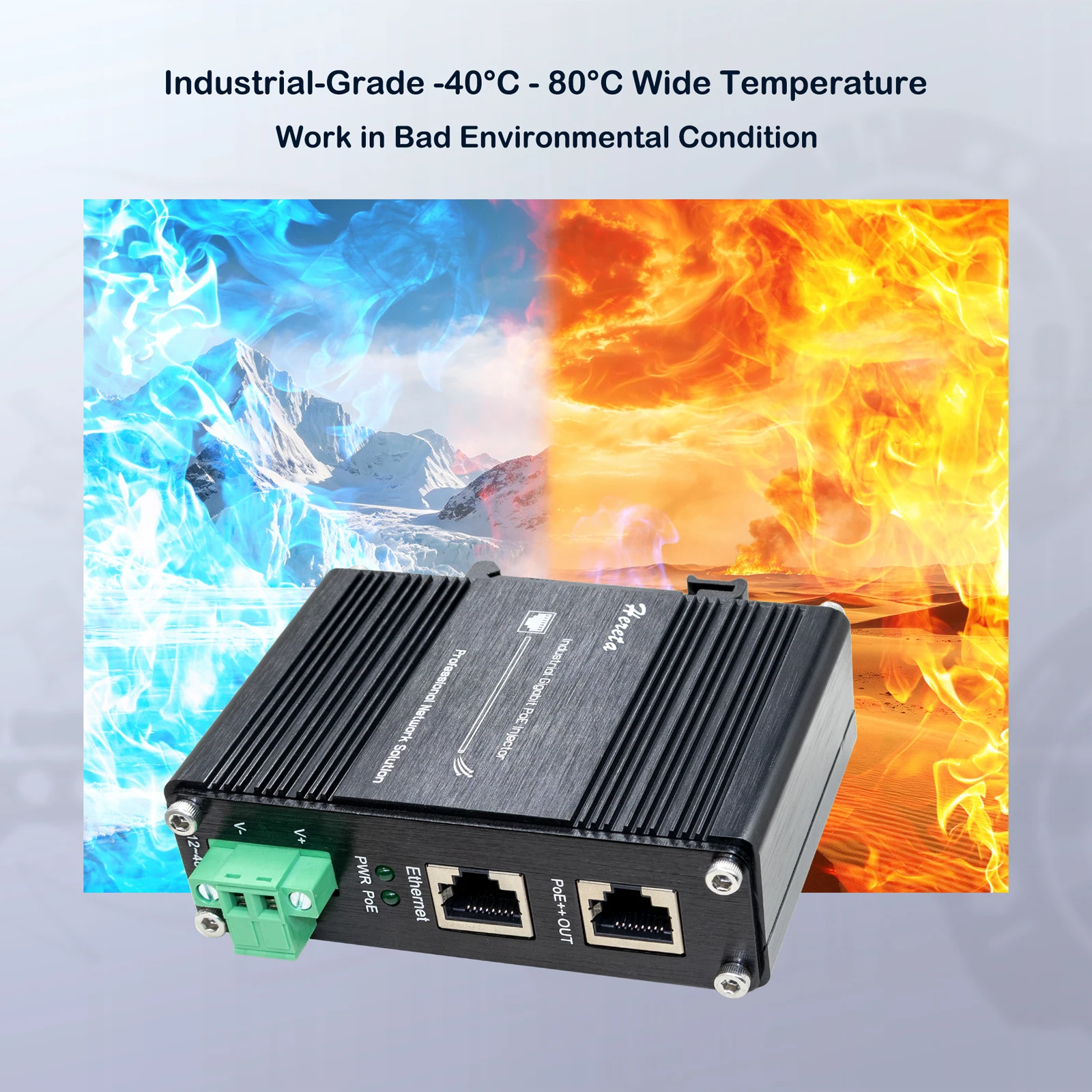 Industrial Switch PoE++ Ethernet Injector 2.5/5/10G 802.3bt 90W 2 RJ45 Port 12~48VDC Input Din Rail Wall Mount Aluminum Case 3