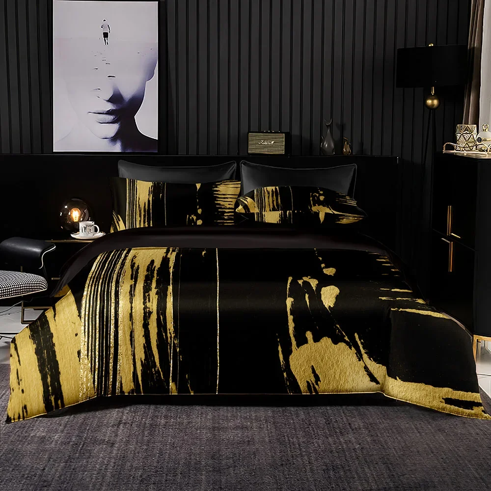 Luxury Euro Duvet Cover Soft Black Bedding Set Golden Splash Ink Print for Double Queen King Comforter Bed Cover