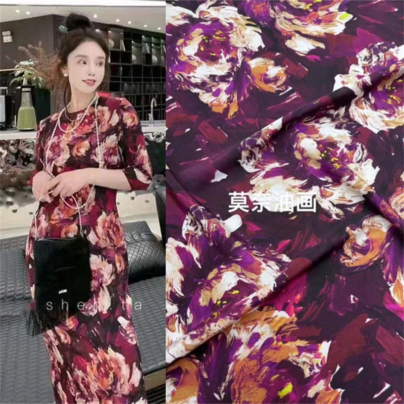 

24 New Monet Oil Painting Style 18momme Elastic Double Crepe Satin High-end Shirt Dress DIY Mulberry Silk Fabric Chiffon Sheer