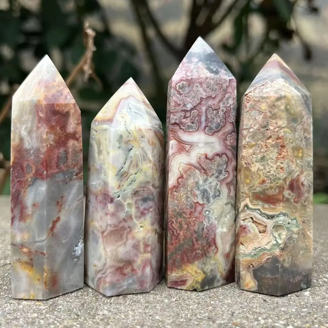 50-110mm Natural Crystals crazy agate Wands Healing Chakra Stones 6 Faceted Prism Agate Single Point Tower Home Decor