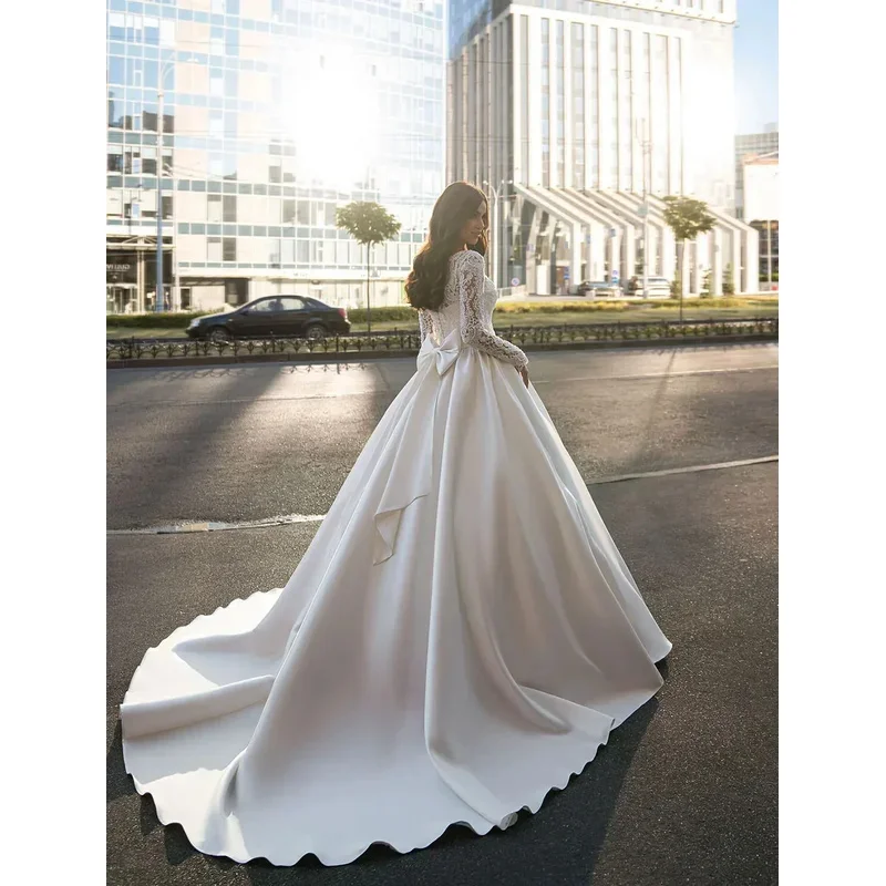 Vestido de novia bohemio personalizado, vestido de novia de manga larga con encaje, vestidos de Boda de Princesa, corsé, vestidos de novia de satén, vestido de novia