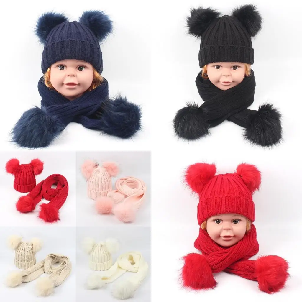 R1WE طفل أطفال شتاء دافئ مضلع قبعة متماسكة قبعة مع طقم أربطة عنق طويلة بلون لطيف مزدوج بوم بوم الأذن مكبل قبعة الجمجمة #1