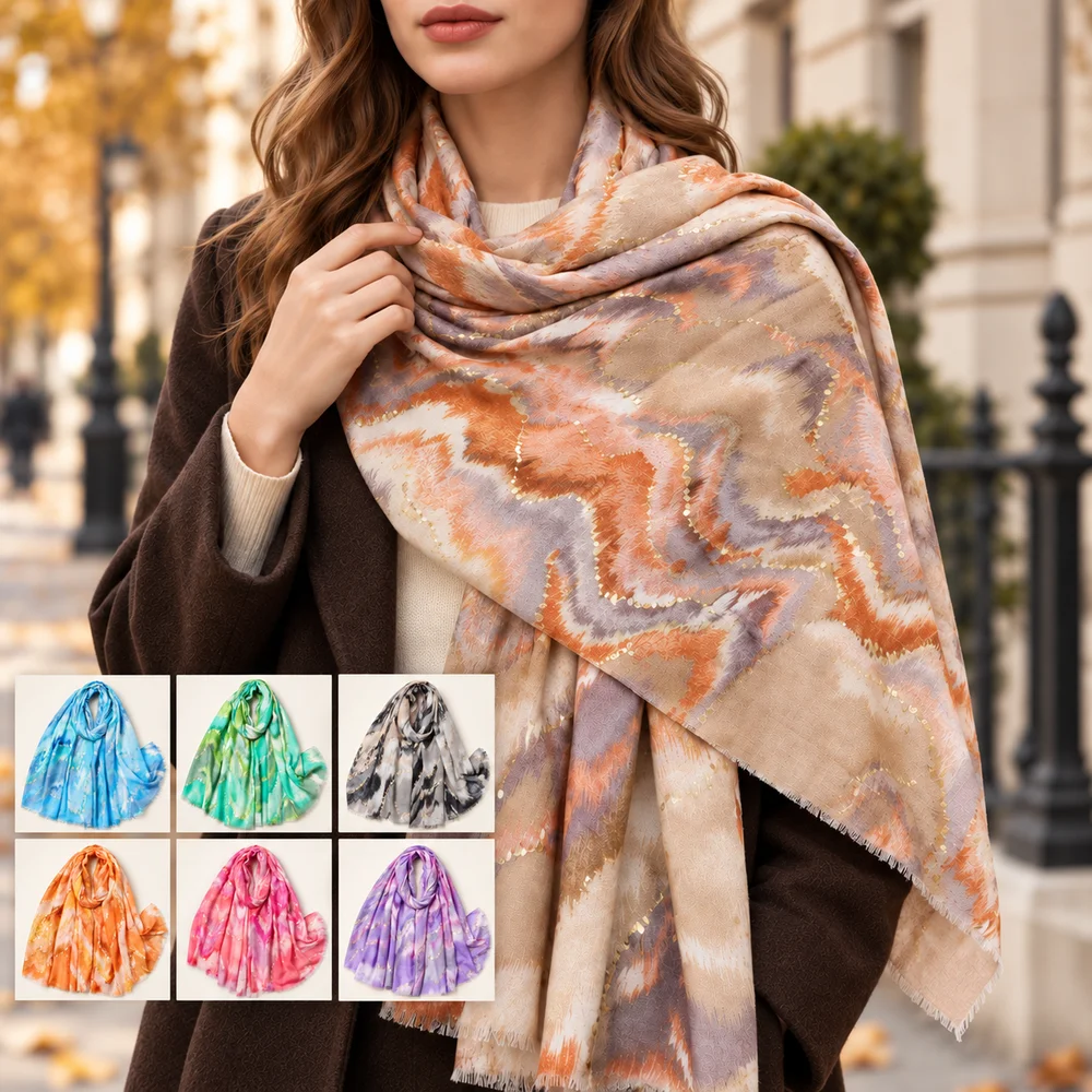 Women’s Abstract Print Long Scarf 88x180cm Lightweight Soft Shawl with Gold Foil Detail Fashion Wrap for Spring Autumn Travel