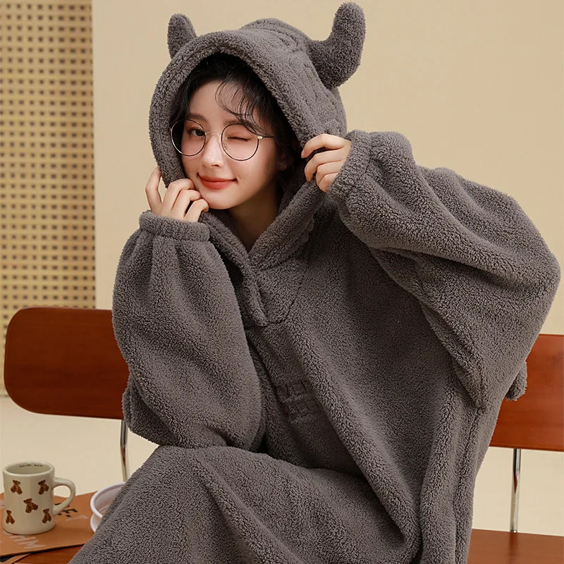 

Cute Cartoon Nightwear Dress For Women Night Gowns Thicken Flannel Winter Nightdress Hooded Warm Nightgowns Female Vestido