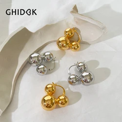 GHIDBK Chunky Gold Silver Plated Triple Ball Hoop Earrings Female Minimalist Jewelry Large Metal Huggie Earring Statement