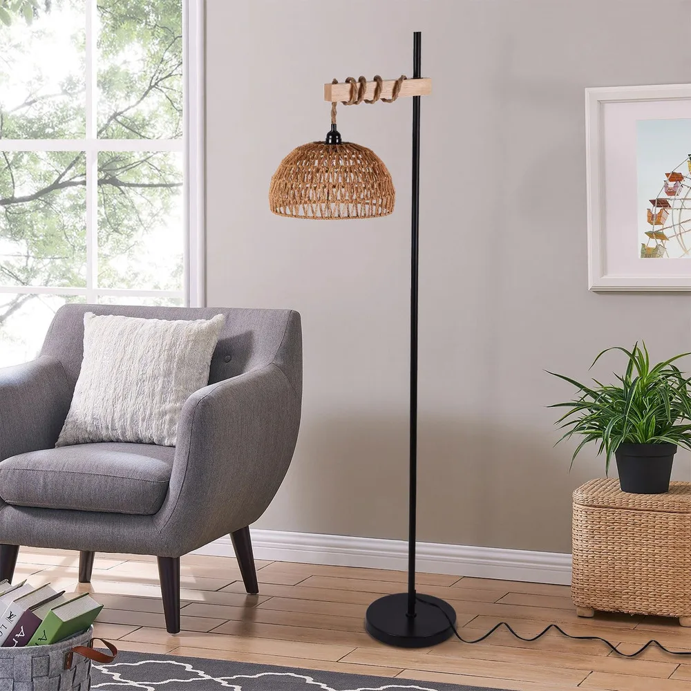 Bymaocar Smart Floor Lamp Standing Light Remote & APP Control with Rattan Lampshade and Stepless Dimmer for Living Room Office