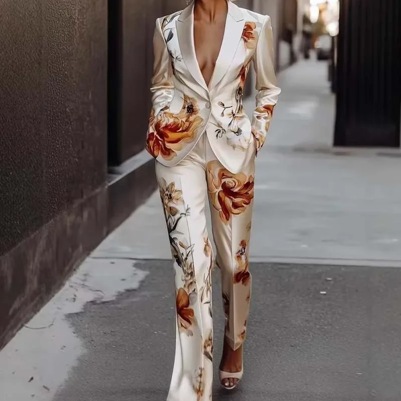 

Women's Sexy Deep V Satin office suit 2pcs Set Winter White Glossy Long Sleeved One Button Jacket&Straight Leg Pants Vacation