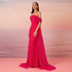 Rose Red Evening Dress Crystal Off the Shoulder Elegant Evening Gowns for Women 2024 A Line Tulle Formal Party Dresses Long