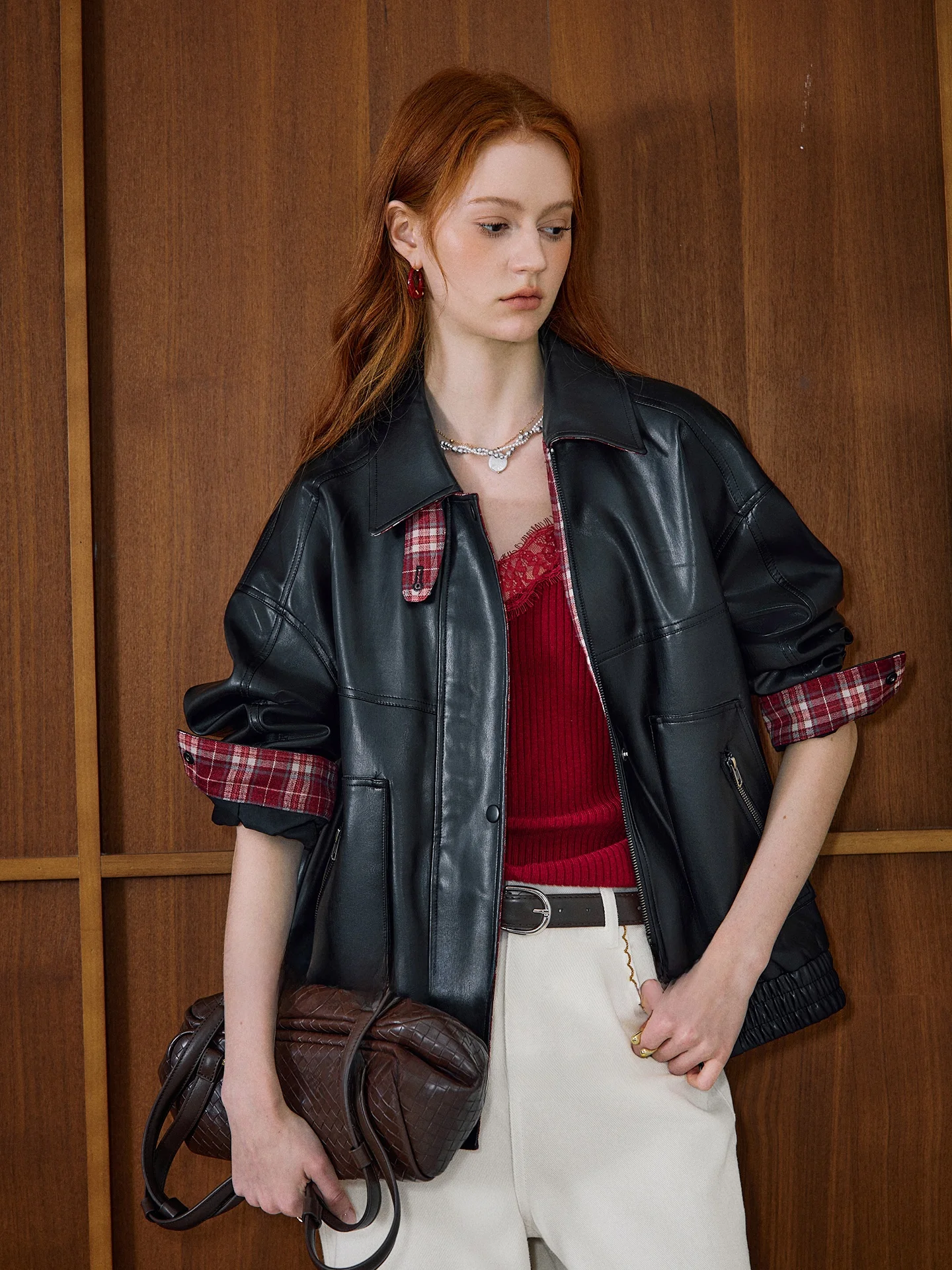 

Sweet Cool Plaid PU Leather Jaet Women's Spring New Sle Commute Loose Fit Long Sve Waterproof Faion Outerwear Coat