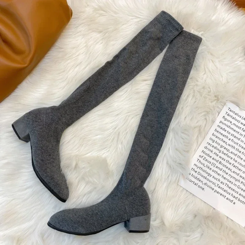 Women\'s Over The knee Sock Boots knitting Sock Boots Pointed Toe Elustic Slim Female Thigh High Boots Tlat Botus De Mujer Shoes