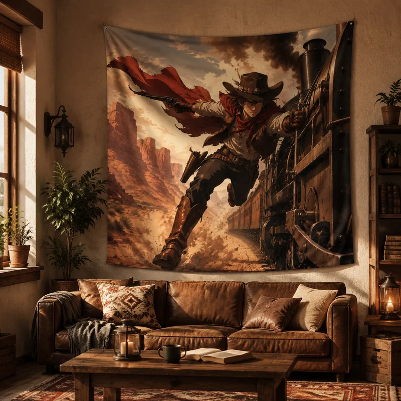 VIKAMA Western Wilderness Train Cowboy Tapestry Vintage Anime Style Canyon Train Printing Hanging Cloth Anime Room Decoration