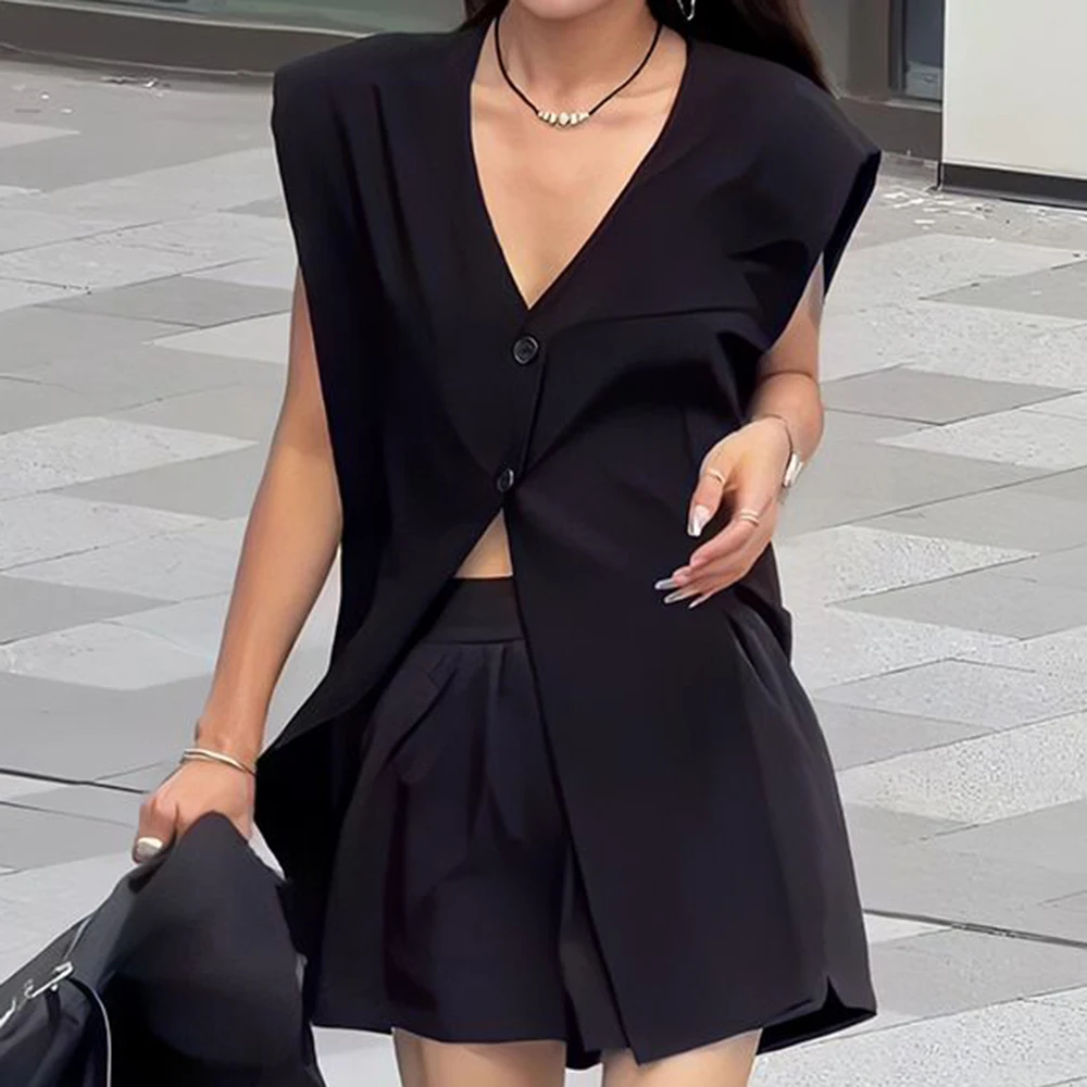 Korean 2025 summer new  black V-neck sleeveless suit vest versatile and thin stacked vest top