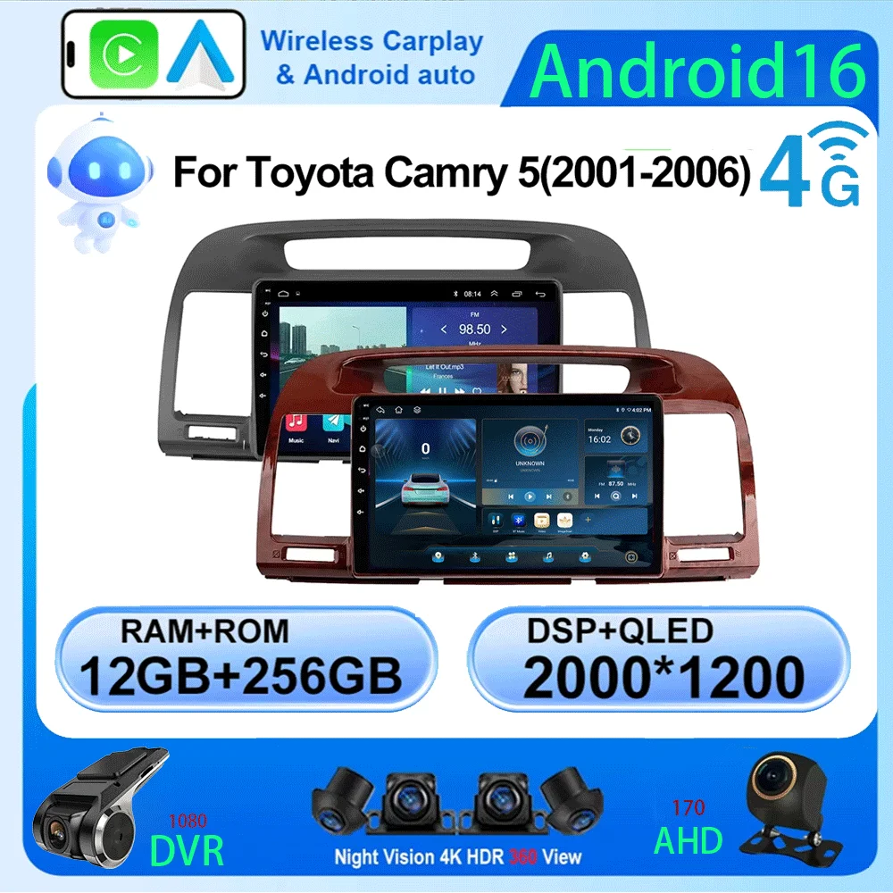 

Автомагнитола Android 16 Carplay для Toyota Camry 5 2002-2006, мультимедийный видеоплеер, GPS-навигация, 2 Din DVD-стереосистема