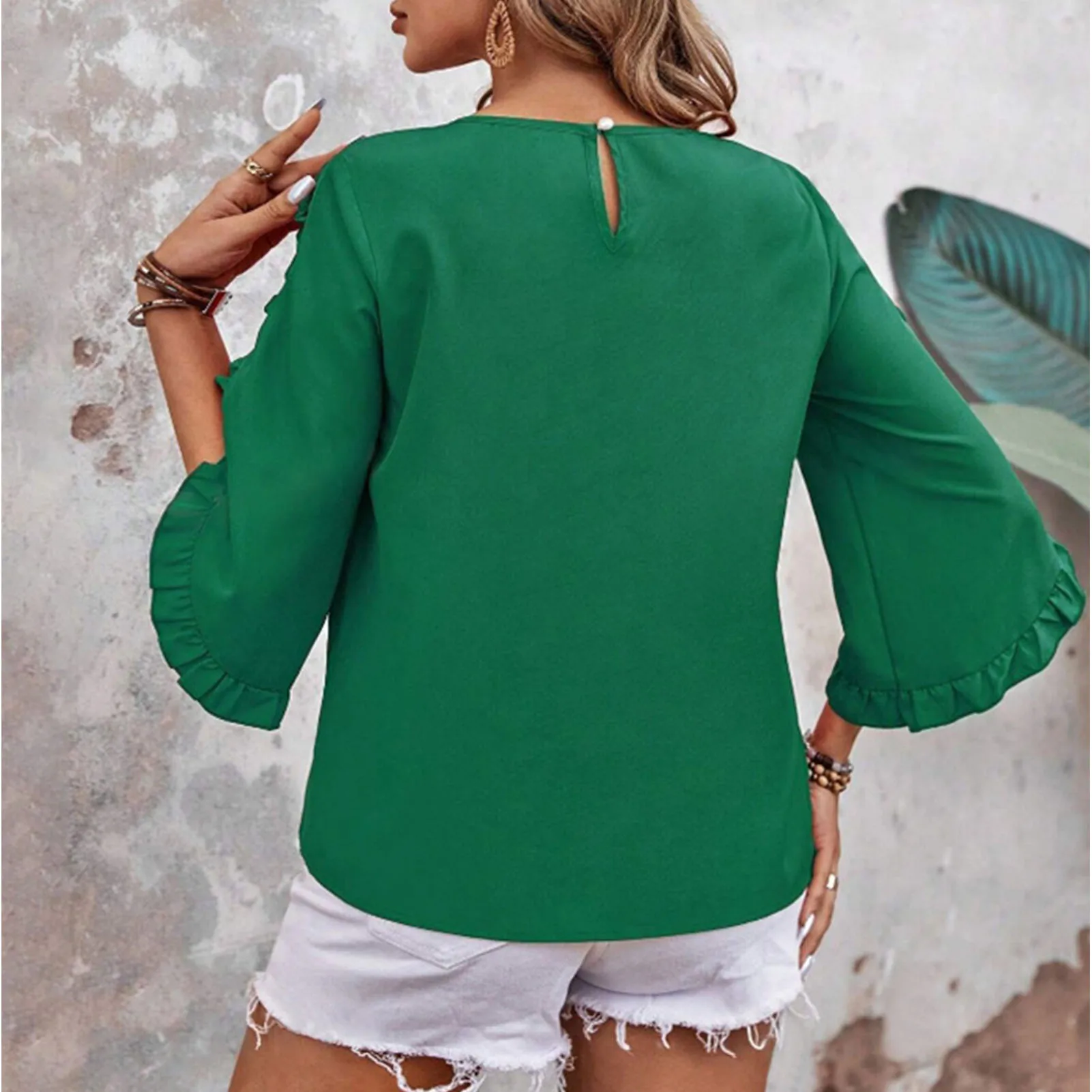 Loose Fit Shirt Stylish Women\'s Summer Tops Petal Sleeve Pleated T-shirt Solid Color Round Neck Blouse Casual for Large