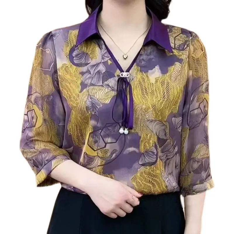 Blusa solta estampada com plantas femininas, camisa com cordão, manga 3/4, gola virada para baixo, senhora do escritório, moda casual, primavera,