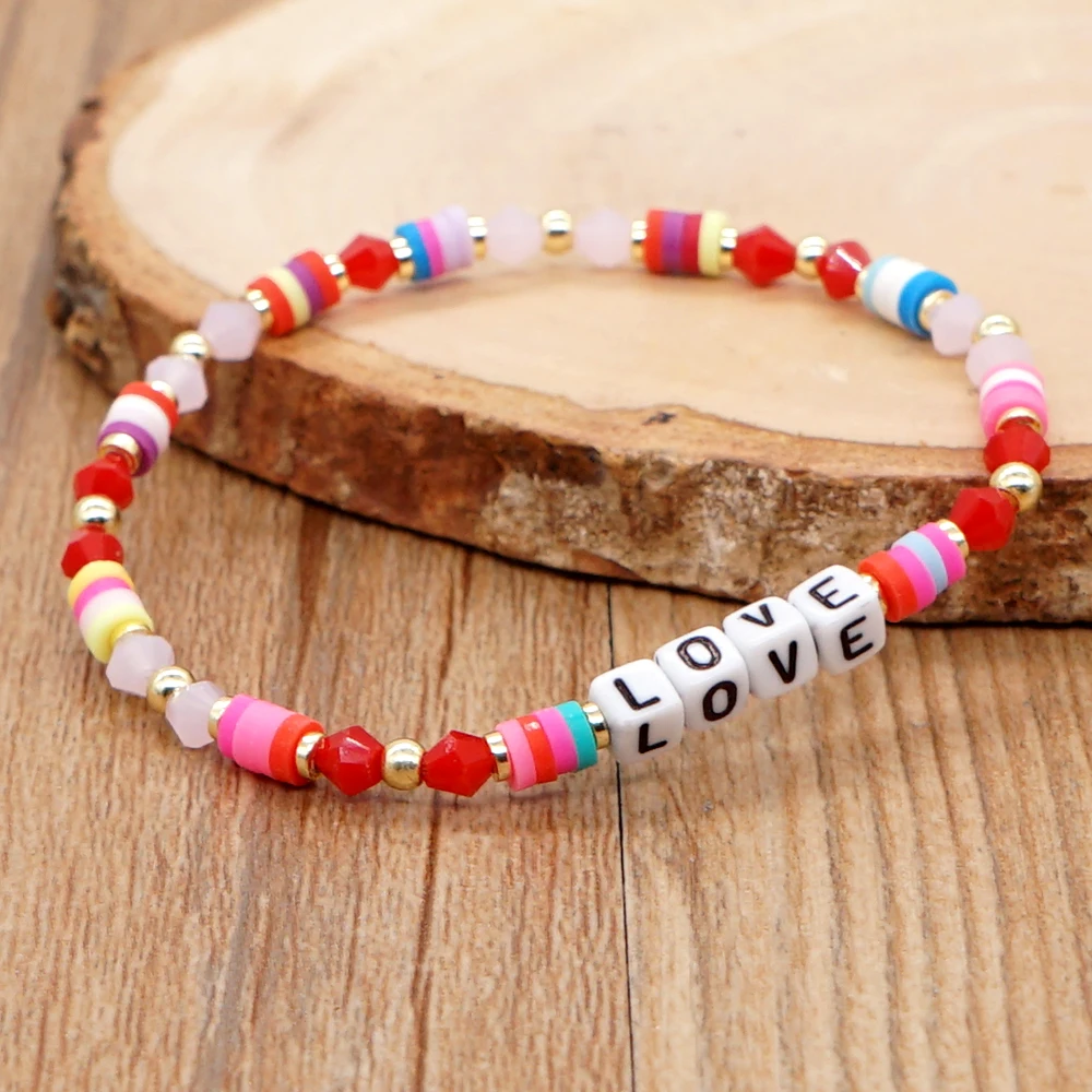 Go2Boho Polymer Clay Heishi Red Crystal Bracelet LOVE Letter Bracelets For Women Fashion Beaded Strand Pulseras Party Jewelry