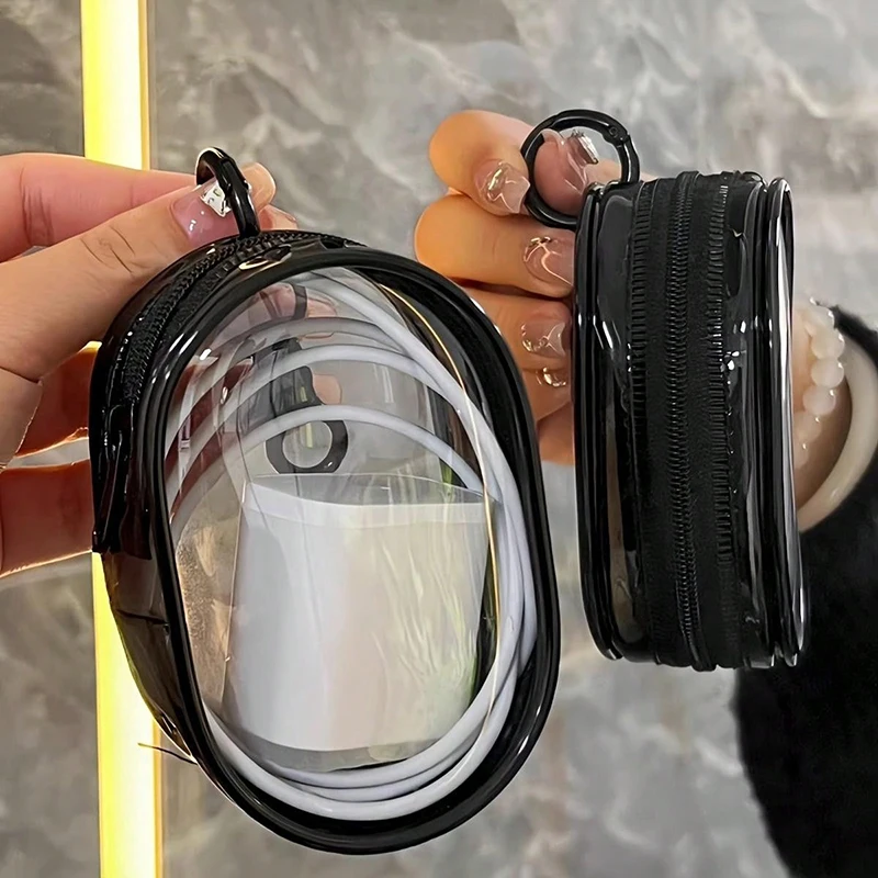Portable Mini Transparent Storage Bag With Zipper Multifunctional Headphone And Charger Case Travel Accessories With Keychain
