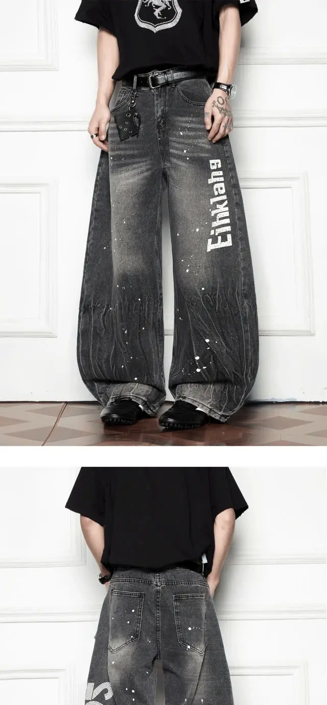 2025 Cyber Y2K Streetwear Tinte Brief Gedruckt Baggy Neue Jeans Hosen Für Männer Kleidung Harajuku Breite Bein Vintage Grau Lange Hosen – Detail 6