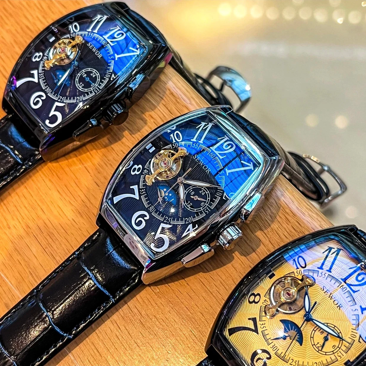 Barrel-Shaped Hollow Mechanical Men's Watch, Fully Automatic Winding Business Wristwatch, Moon Phase Display, Luminous Waterproof Watch, Men's Luxury Leather Strap, Vintage High-End Men's Watch, Popular Gift Watch for Husband