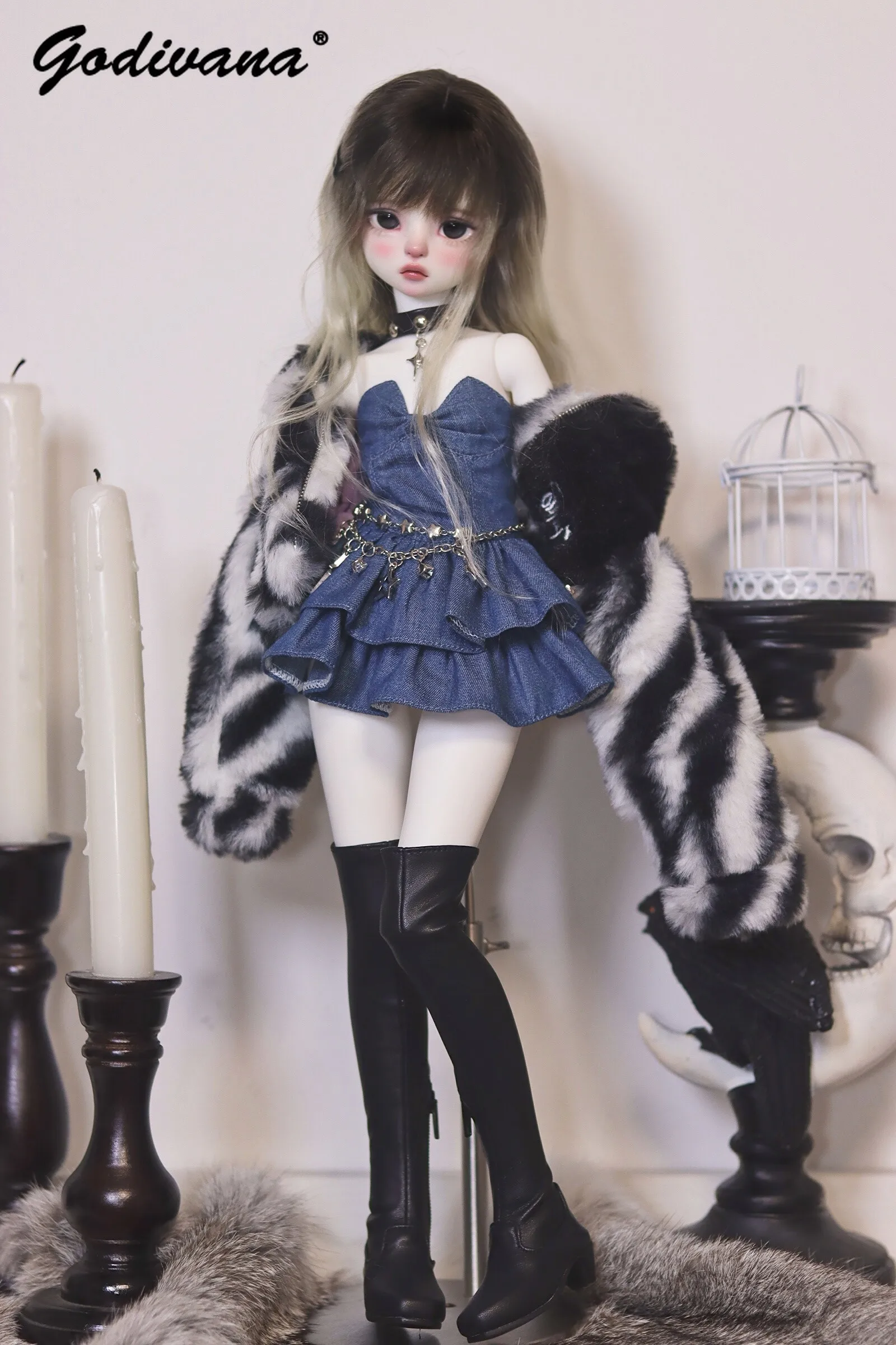 Cool Street‑Style Y2K 1/4 BJD Doll Dress Blue Denim Strapless Gown Star Pendant Chain Ruffled Layered Mini Skirt Doll Costume - view 3