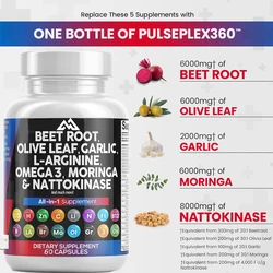 Beet root 60 capsules 6000mg Olive leaf 6000mg Nattokinase 4000 FU Garlic extract 2000mg L-arginine 400mg Omega 3 Hibiscus