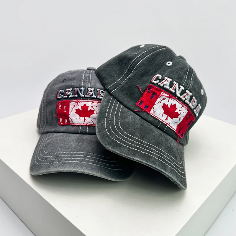 New Unisex Canadian Flag Letter Embroidery Baseball Hats Breathable Retro Sunshade Distress Peaked Caps Versatile Fashion Casual