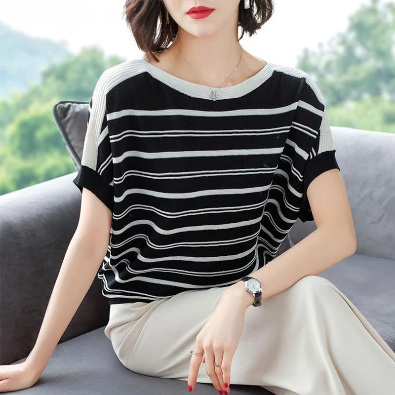 

2023 Women's Clothing Intellectual Round Neck Simplicity Short Sleeve Printing Pullovers Loose Striped Fashion Casual T-Shirts