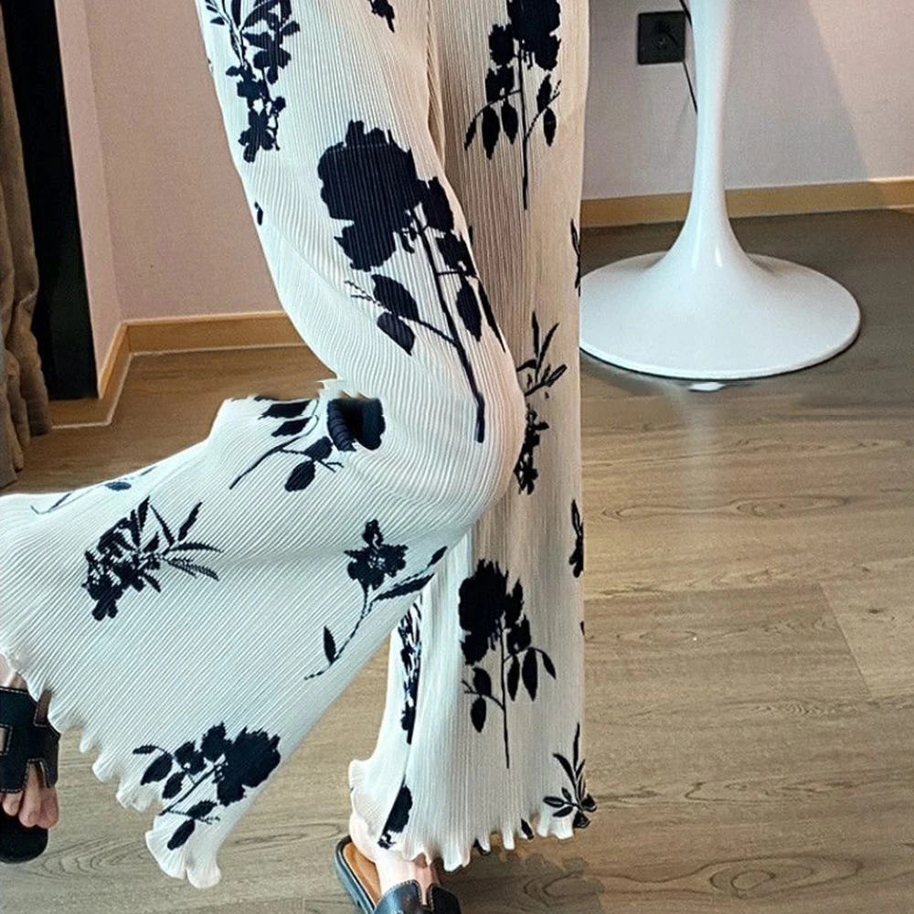 Folded versatile casual pants children's niche design straight printed trousers high waist thin drape wide