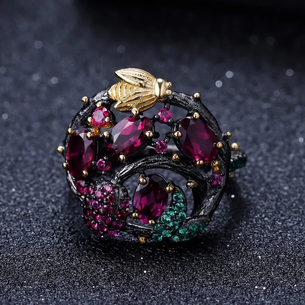 GEM\'S BALLET Natural Rhodolite Garnet Gemstone Ring 925 Sterling Silver Handmade Gold Bee on Branch Rings for Women Fine Jewelry