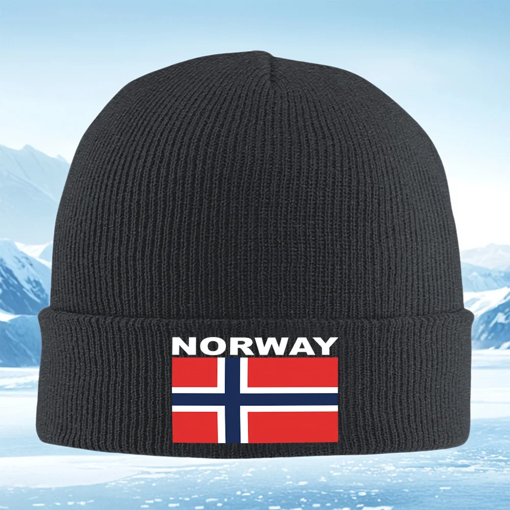 Norwegian flag with bold lettering Men Women Unisex Knitted Hat Beanie Pullover Cap Winter Thermal Warm Christmas Outdoor Cyclin