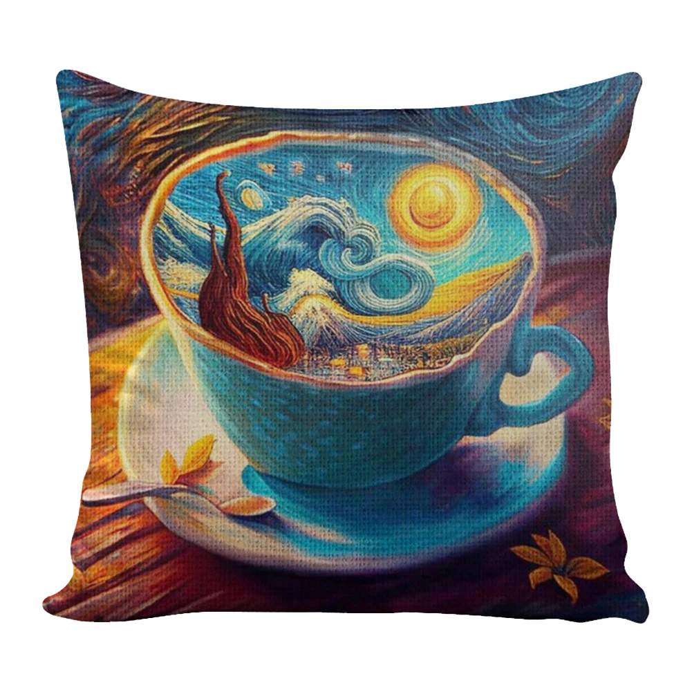 Kit de funda de cojín bordado con taza de café, cielo estrellado, hilo de algodón ecológico de 11CT, 45x45cm, Kit de fabricación de almohadas de punto de cruz, suministros de costura