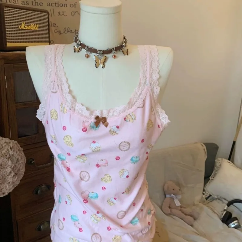 اليابانية لطيف الحلو كعكة طباعة تانك القمم Kawaii أكمام الدانتيل حافة القوس بروتيل الصيف عادية رقيقة لينة القمم خارج المرأة 2025 #2