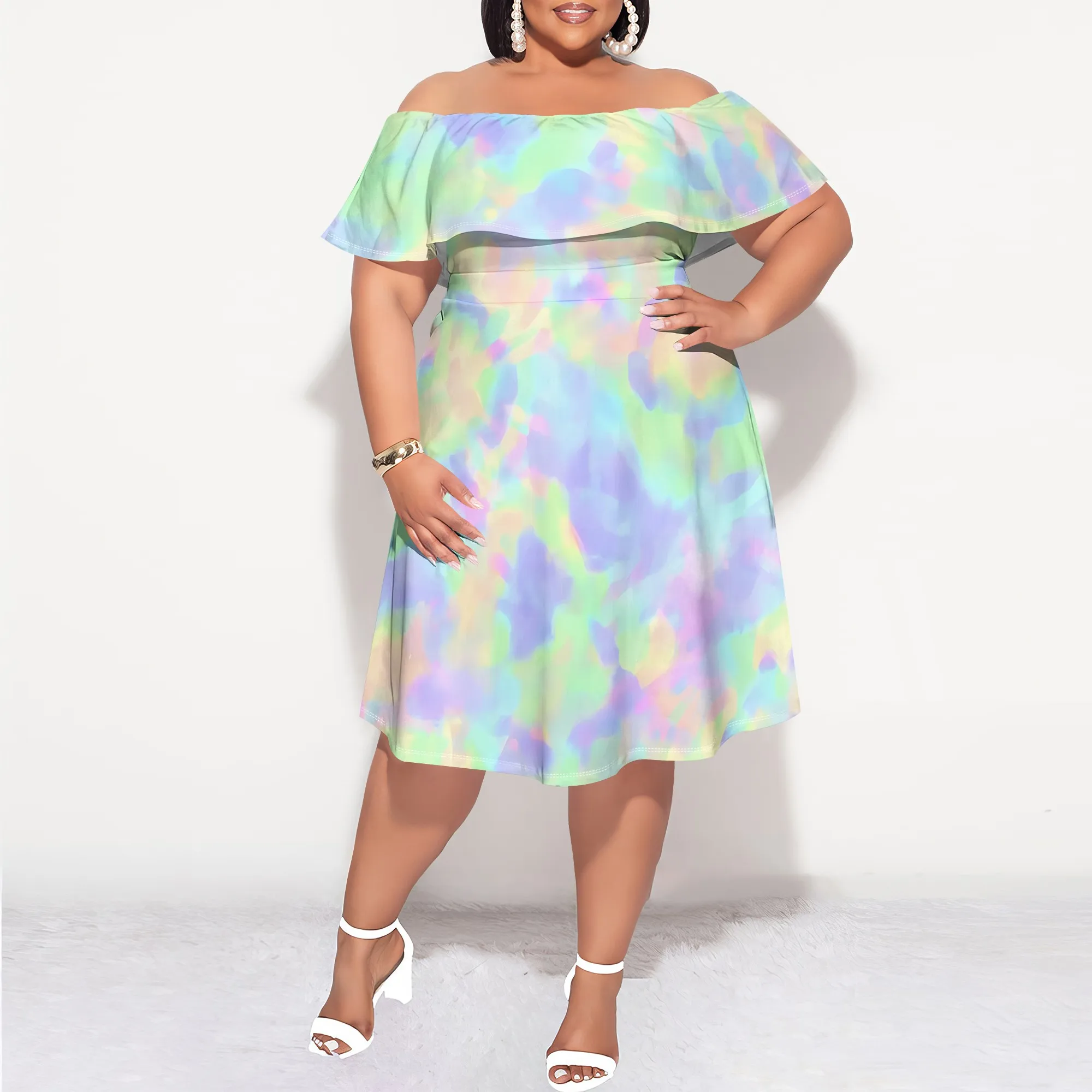 

Plus Size Pastel Rainbow Tie Dye Maxi Dress Off Shoulder Sleeveless Casual Summer Party Look