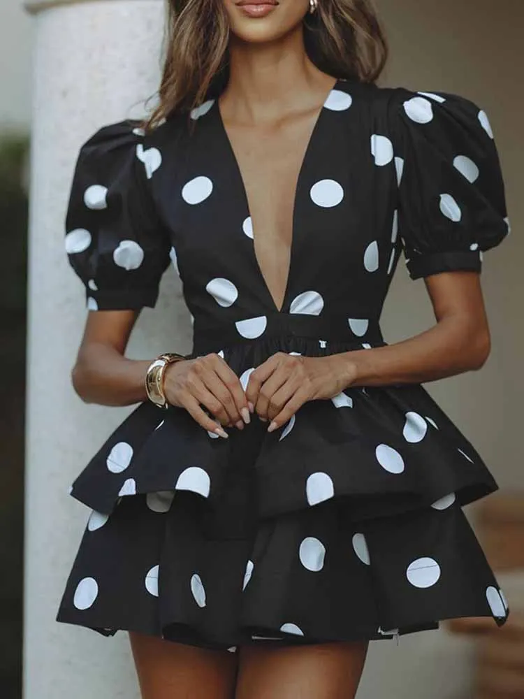 

MCDV сексуальное женское платье с глубоким v-образным вырезом и принтом в горошек, классическое элегантное мини-платье трапециевидной формы с короткими рукавами и высокой талией, вечерние платья