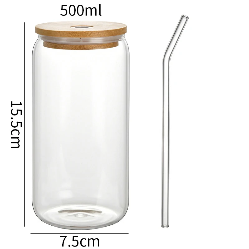 Cute Bowknot Glass Cups With Bamboo Lid And Straw 500ml Can Shaped Glass Cups Iced Hot Coffee Juice Glasses Tumbler Cup Gift