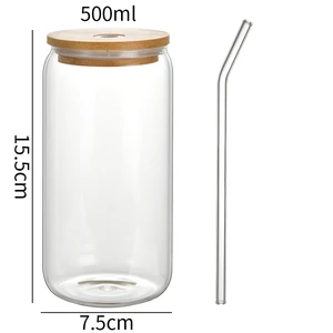 Nette Glasgläser mit Bambus und Strohdeckel, Eis, heißem Kaffee, Saft, Glas, Glas, 500 ml, Geschenk 8 Hauptverkäufe Bambusfaserbecher - №7