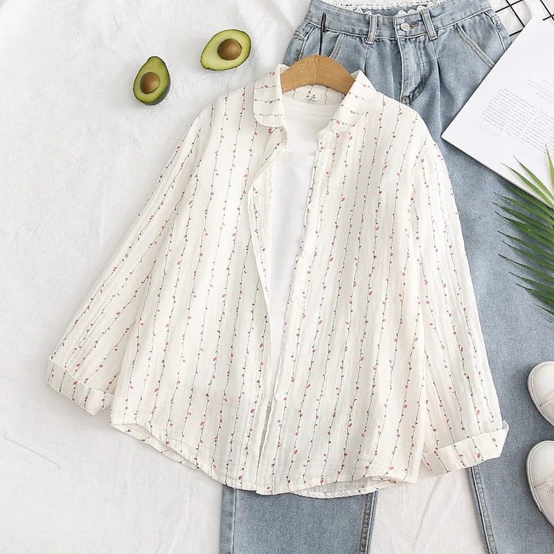 

High Quality Women 100% Cotton Yarn Blouse Shirt Spring ClothesJapanese Small Fresh Flower Printed Long-sleeved Shirts Blouses
