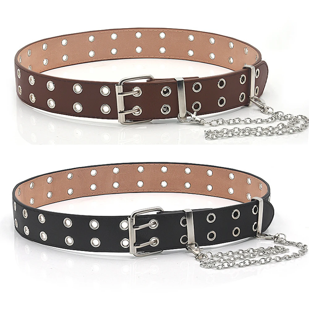 

Women Leather Waist Belt With Chain Adjustable Double Row Metal Buckle Waistband Y2k Fashion Style Female Belts Accessories
