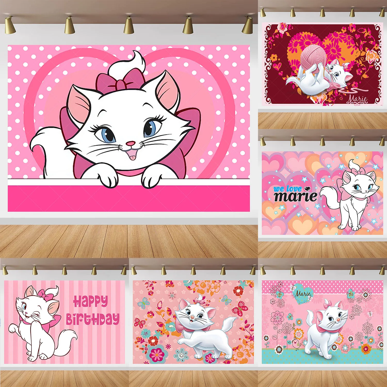 Disney Marie Cat Backdrop Girl Bithday Party Photography Background Pink Heart Dots Photo Poster Studios Decoration Props